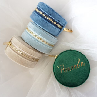 Custom Logo Portable Travel Ring Jewellery Organizer Case Small Zipper Round Velvet Luxury Jewelry Storage Box With Mirror