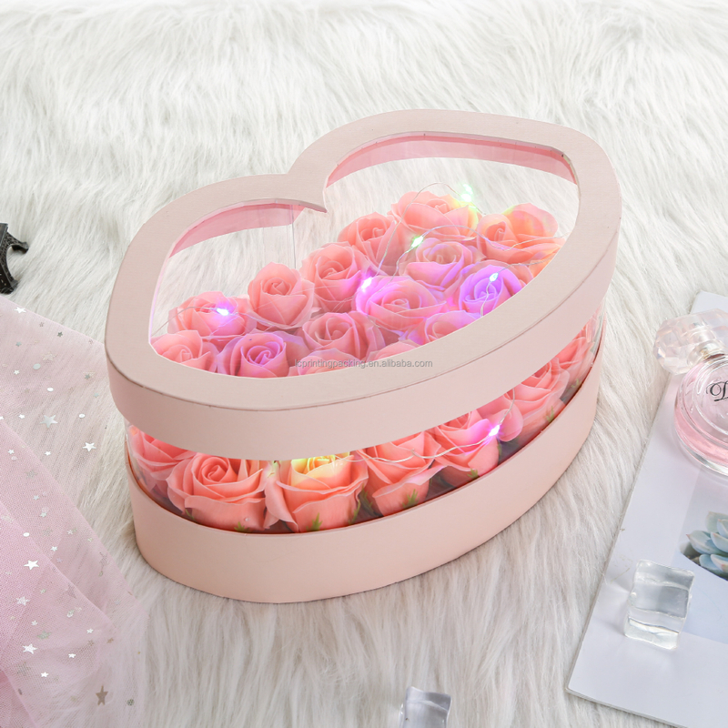 New Arrival Custom Gold Logo Paper Lip Shape Valentine's Day Preserved Rose Flower Bouquet Packaging Box with Clear Window