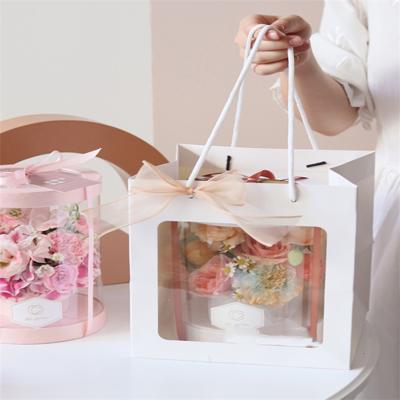 Custom Square Paper Flower Bouquet Gift Packaging Carrier Bag Box Gift Handbag With Window 