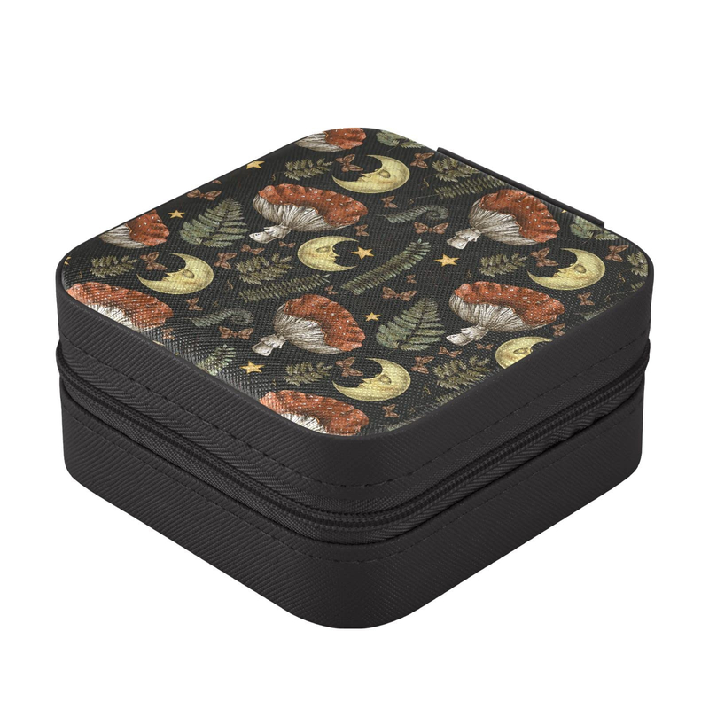 Retro Mushroom Moon Printing Jewelry Organizer Storage Box for Women Girls PU Leather Small Portable Travel Jewelry Boxes