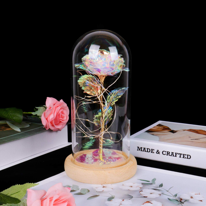 Custom Valentines Day Gift Eternal Gold Foil Rose Flower Led Light Preserved Galaxy Rose in Glass Dome for Women Girls