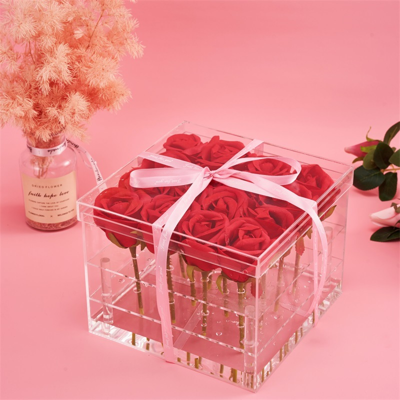 Luxury Transparent Square Wedding Rose Box Packaging Acrylic Valentines Day Gift For Flowers Display Box Holder Wholesale