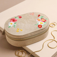 Women Embroidered Velvet Small Travel Jewelry Box Oval Shape Simple Storage Case For Rings Earrings Necklace Gift