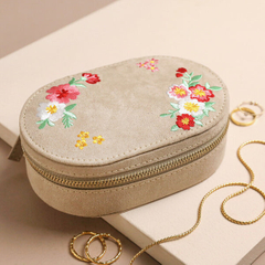 Women Embroidered Velvet Small Travel Jewelry Box Oval Shape Simple Storage Case For Rings Earrings Necklace Gift