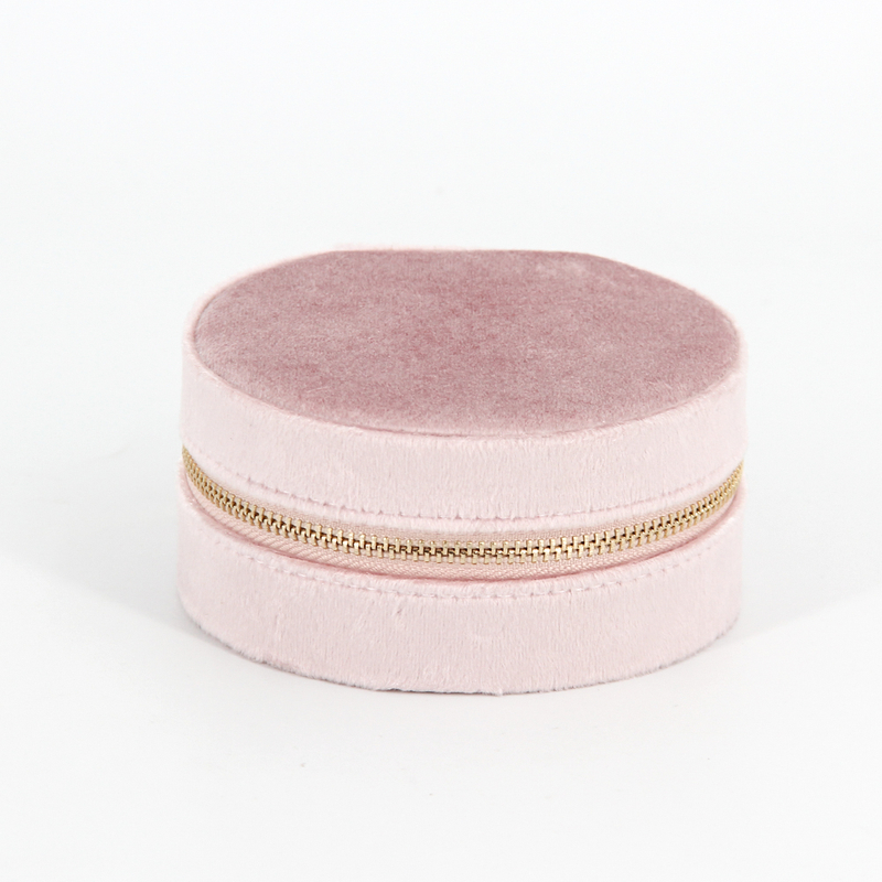 Personalized Custom Logo Ring Earring Pendant Packaging Organizer Case Small Travel Zipper Round Pink Velvet Round Jewelry Box