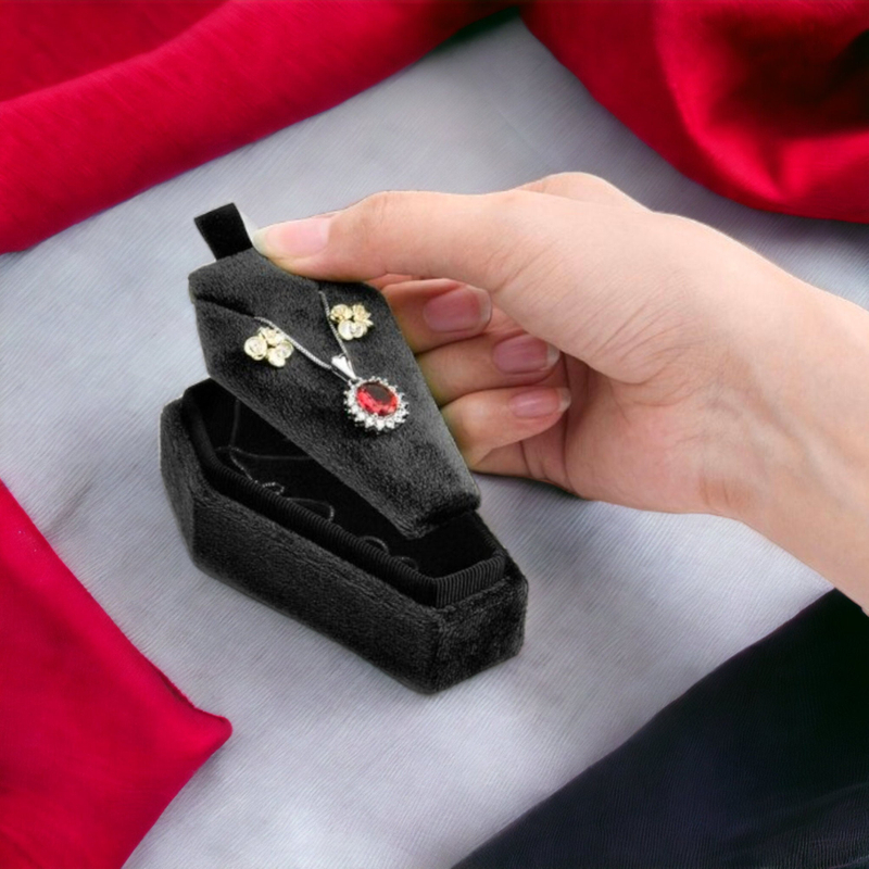 New Arrival Coffin Shaped Velvet Ring Box Custom Logo Black Ring Jewelry Storage Packaging Boxes