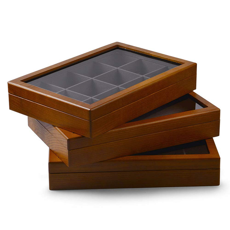 12 Grids Vintage Solid Wood Microfiber Lining Earrings Bracelets Necklace Jewelry Storage Organizer Tray Box with Glass Top Lid