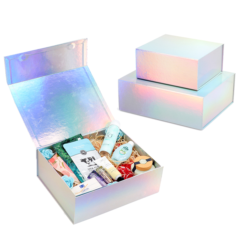 Luxury Sliver Holografica Paper Magnetic Pr Gift Packaging Box Holographic Folding Cosmetic Packaging Gift Box Custom Logo