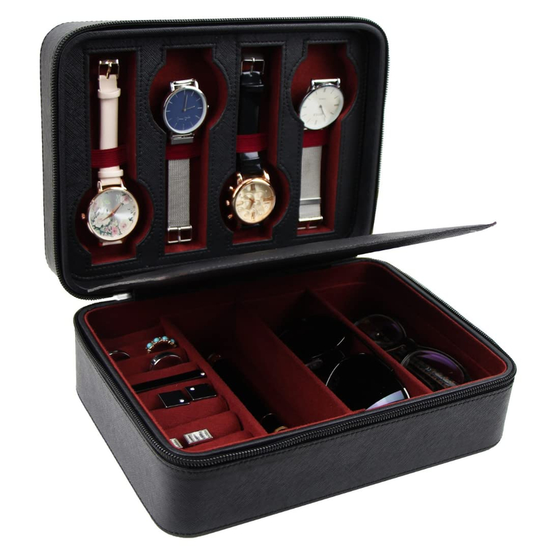 Large Capacity Leather Watch Sunglasses Storage Case Earring Ring Necklace Jewelry Organizer Box for Travel