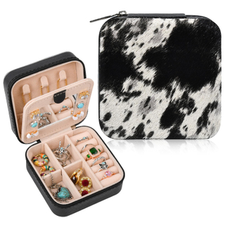 Newest Cow Leopard Print Ring Earring Necklace Jewelry Tray Western Aztec Geometric Pattern Square Pu Leather Jewelry Box