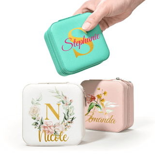 Luxury PU Leather Travel Portable Letter Embroidered Jewelry Box Ring Necklace Earrings Jewelry Holder with Mirror