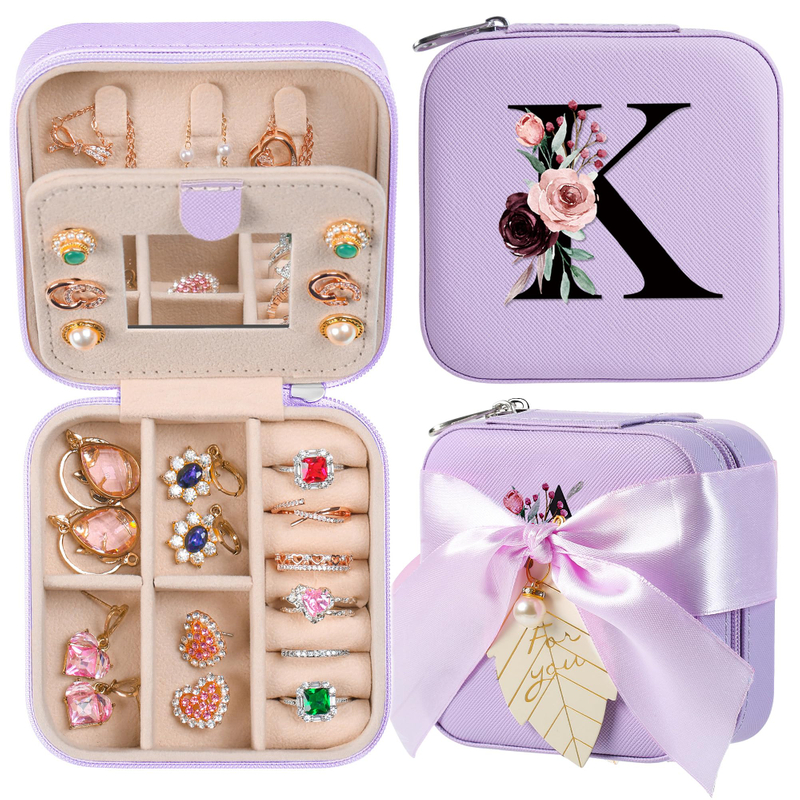 Portable Earring Ring Necklace Case 26 Letter Printed Pink PU Leather Travel Jewellery Organizer Storage Jewelry Box with Mirror