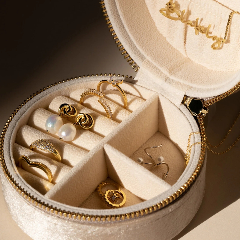 Soft Velvet Eco Friendly Jewelry Box Fabric Necklace Bracelet Set Box Storage Round Jewelry Case Gold Zipper Ring Display Box
