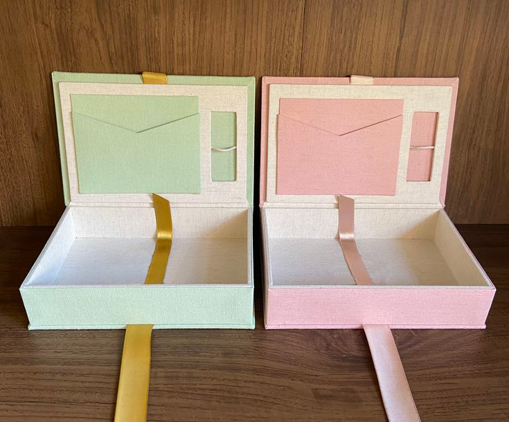 Personalized Linen Photo Souvenir Packaging Box Flip Photo Box with Bow Ribbon Organizer Storage Photo Usb Gift Box