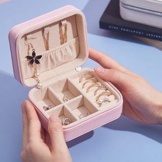 Custom Pu Leather Travel Ring Earrings Necklace Zipper Small Jewelry Storage Boxes Travel Jewelry Packaging Box Organizer