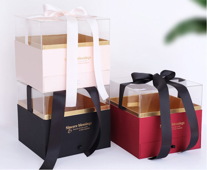 Valentine's Day Square Acrylic Transparent Crystal Cover Flower Packaging Box Immortal Flower Surprise Gift Box with Drawers