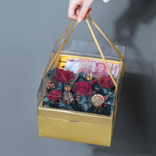 Portable Transparent Acrylic Cover Paper Cardboard Square Flower Gift Packaging Box for Florist with Ribbon Handle 