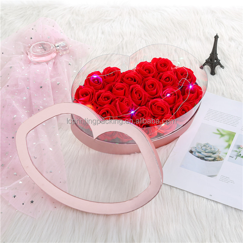 New Arrival Custom Gold Logo Paper Lip Shape Valentine's Day Preserved Rose Flower Bouquet Packaging Box with Clear Window