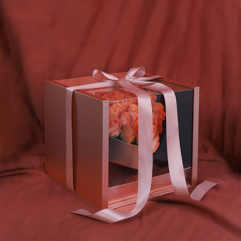 Transparent Acrylic Square Three-dimensional Heart Valentine's Day Surprise Flower Arrangement Gift Box with Drawer