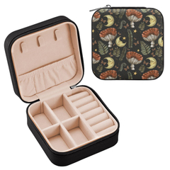 Retro Mushroom Moon Printing Jewelry Organizer Storage Box for Women Girls PU Leather Small Portable Travel Jewelry Boxes