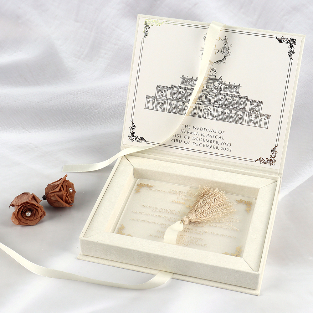 Luxury Magnetic Closure Velvet Wedding Invitation Card Packaging Box Acrylic Wedding Invitation Card with Box Satin Silk Ribbon