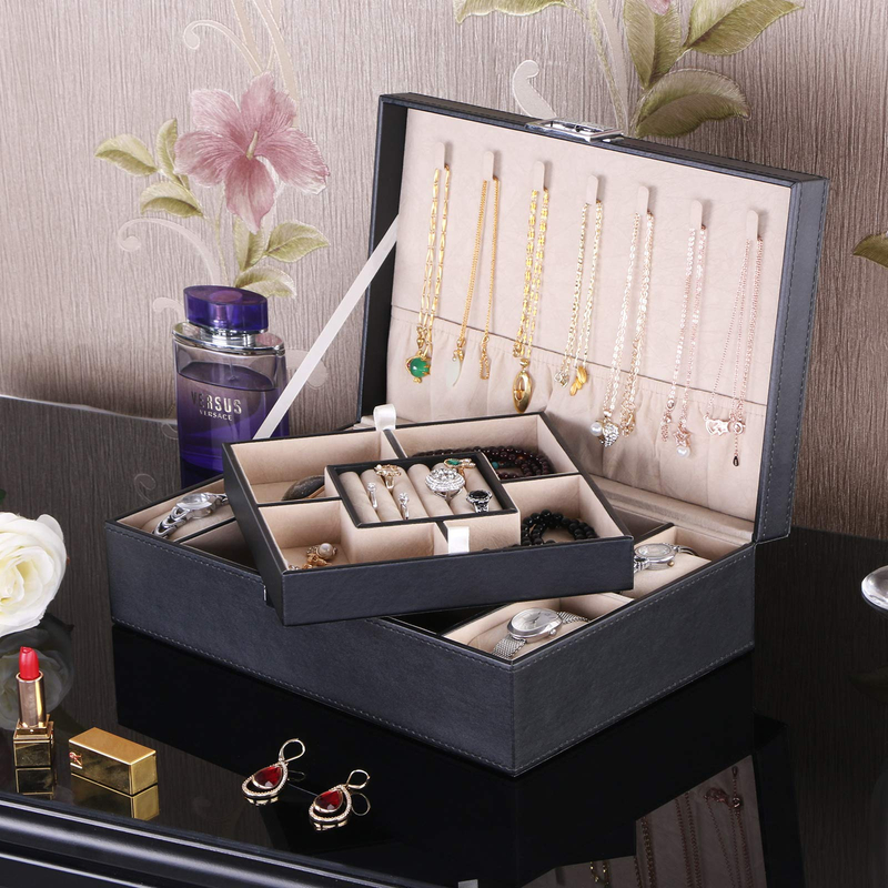 PU Leather Velvet Lining Men Watch Jewelry Organizer Storage Box with Removable Tray for Necklace Ring Bracelet