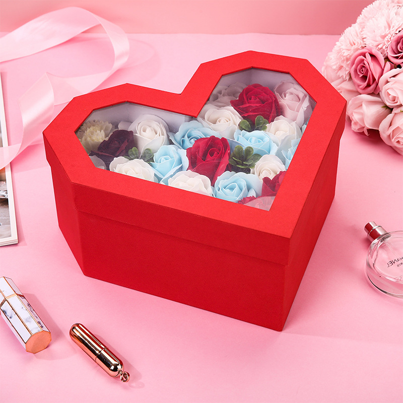 Luxury Heart Shape Transparent Window Valentine's Day Preserved Rose Flower Bouquet Packaging Boxes Wholesale