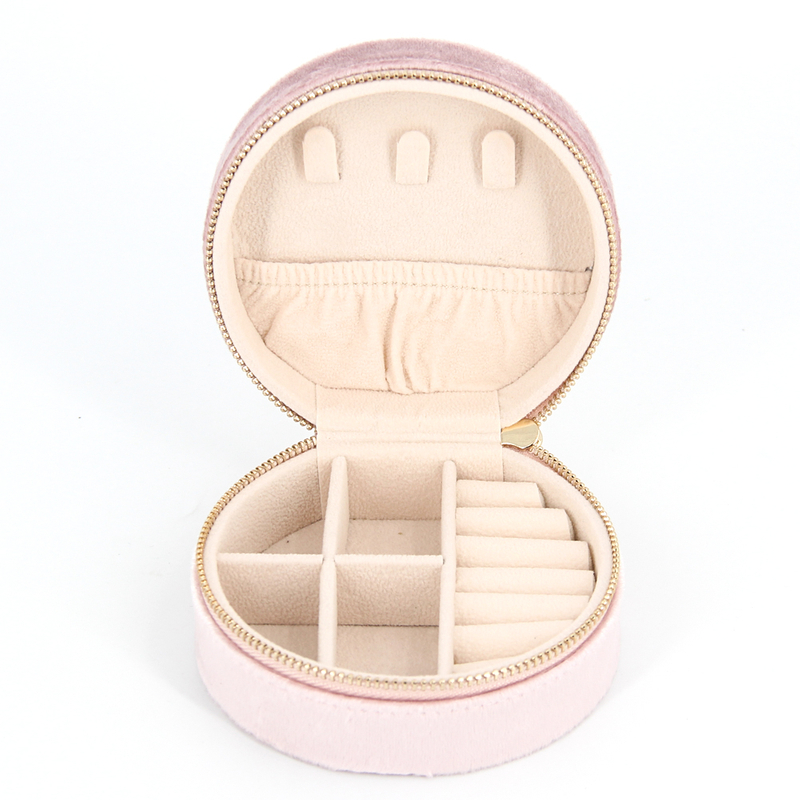 Personalized Custom Logo Ring Earring Pendant Packaging Organizer Case Small Travel Zipper Round Pink Velvet Round Jewelry Box