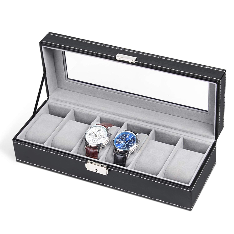 Black PU Leather 6 Slot Watch Display Case Clear Glass Window Wooden Jewelry Watches Organizer Storage Boxes