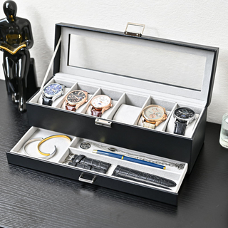 Luxury OEM Double Layer 6 Slot Leather Watch Display Organizer Case Men Watch Jewelry Holder Storage Box with Drawer