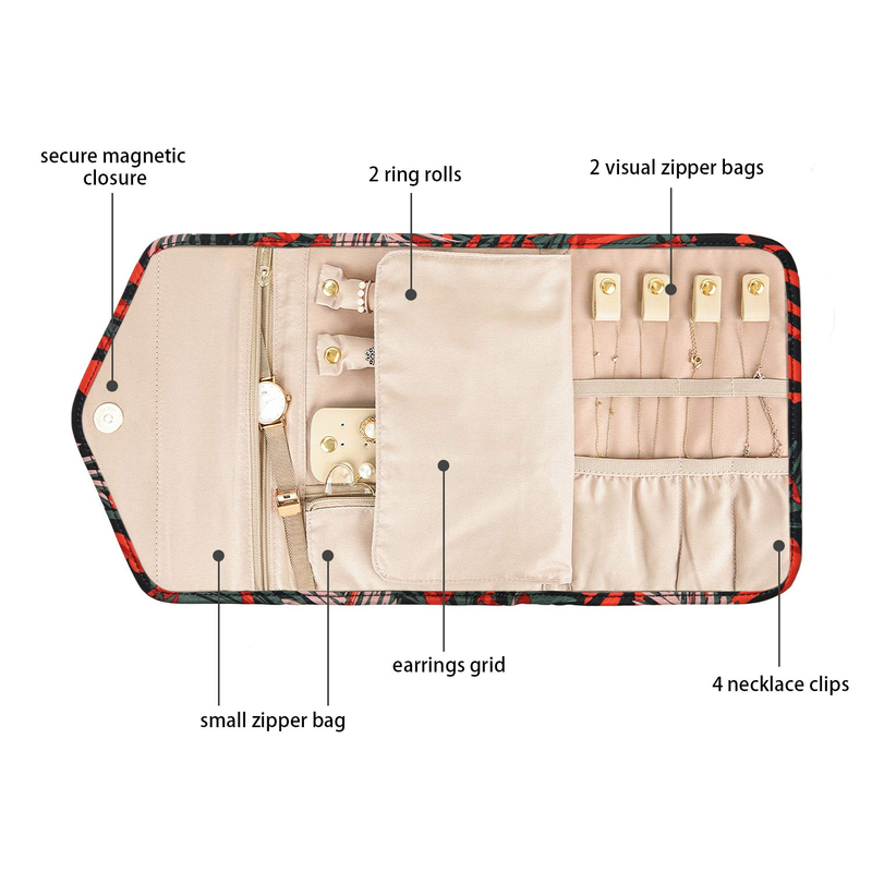 Portable Foldable Fabric Ring Necklace Earring Storage Case Hot Sell Jewelry Organizer Roll Bag with Pocket Zipper