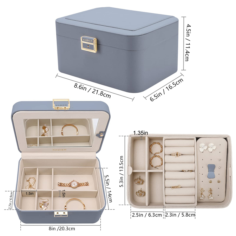 Luxury 2-layer Pu Leather Portable Travel Jewelry Storage Box Removable Partition Gift Packaging Box With Mirror 