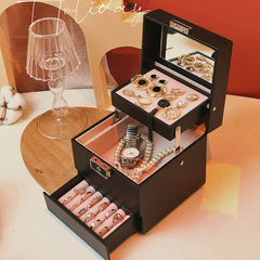 Large-capacity 3 Layers Portable Jewelry Box Ring Earrings Earrings Home PU Leather Jewelry Box with Makeup Mirror 