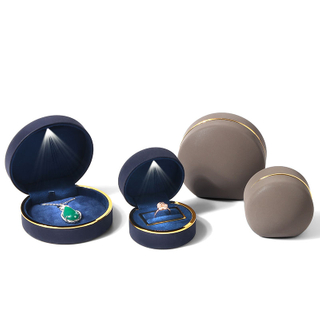 Wholesale Colorful LED Packaging Box PU Leather Round Shape Golden Edge Luxury Box For Gift