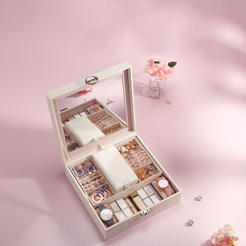 Wholesale Jewelry Packaging Simple Flip-Top Lipstick Luxury Pu Leather Watch Jewelry Box with Large Mirror