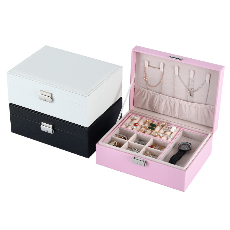 PU Leather Two-Layer FORTE PU Leather Two-Lay Display Storage Case Pink Earrings Bracelet Necklace Jewelry Travel Case Box