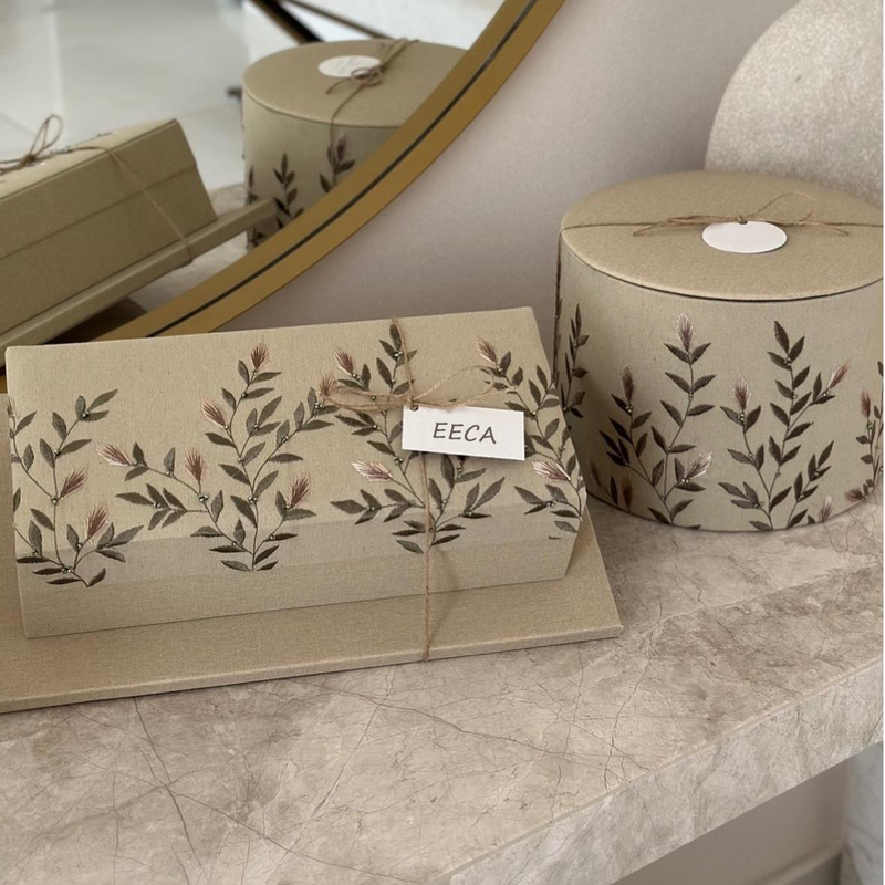 Luxury Leaves Embroidery Empty Food Chocolate Candy Box Square Flip Packaging Linen Decoration Dessert Dates Ramadan Gift Box