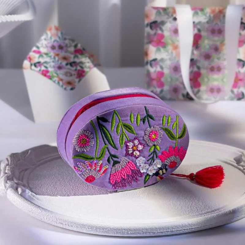 Purple Velvet Embroidery Jewelry Storage Gift Box