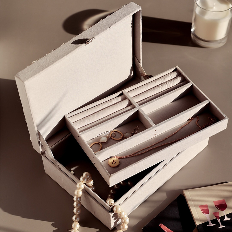 Handmade White Flower Embroidered Beaded Jewelry Wood Gift Box Fabric Jewelry Ring Box Packaging Luxury Jewelry Storage Box Set