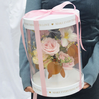 Custom Luxury Transparent Clear PVC Rose Gift Box Round Paper Flower Display Packaging Box with Logo Hand Holding