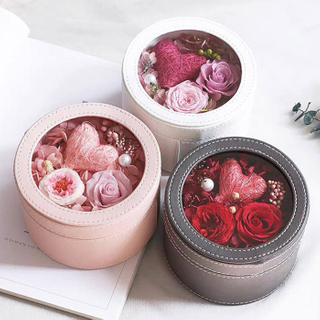 Creative Luxury Round Leather Valentine's Day Preserved Rose Flowers Gift Packaging Box with Transparent Window