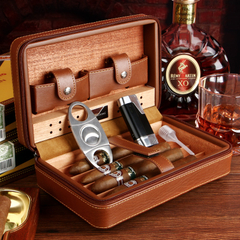 Luxury Portable PU Leather Wooden Moisturizing Sealed Travel Cigar Set Storage Packaging Box of 4 Pieces