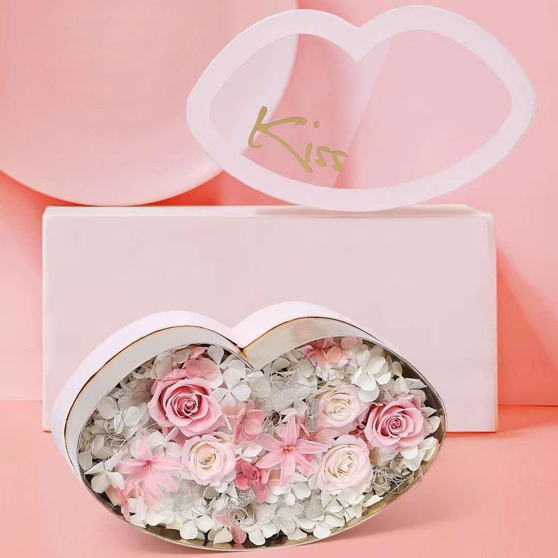 New Style Valentine's Day Creative Paper KISS Lips Rose Flower Gift Packaging Box with Transparent PVC Window