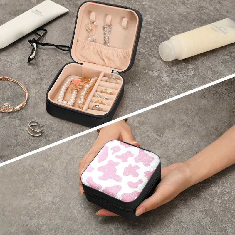 PU Leather Small Jewelry Box Pink Cow Print Travel Portable Jewelry Organizer Case Storage Gift Box for Women Girls