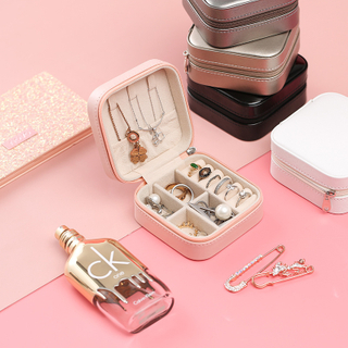 Wholesale Custom Portable Zipper Mirror Mini Small Storage Boxes Organizer Case Velvet Pu Leather Travel Jewelry Box with Logo
