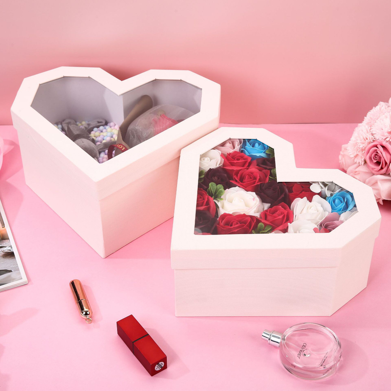 Luxury Heart Shape Transparent Window Valentine's Day Preserved Rose Flower Bouquet Packaging Boxes Wholesale