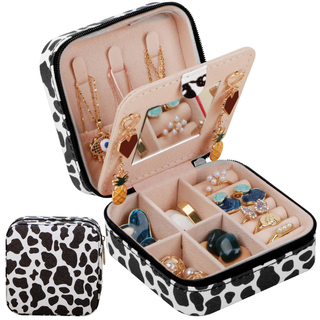 Custom Design Printing Two Layers Zipper Closure PU Leather Jewelry Storage Box Mini Size Portable Travel Box With Mirror