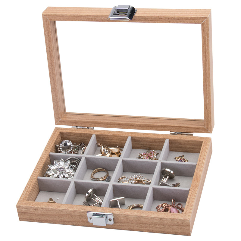 Exquisite Practical Wood Ring Display Tray Organizer ShowCase Jewelry Earrings Holder Storage Box Transparent Window