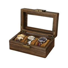 New Arrival 3 Slots Wooden Watch Organizer Case PU Leather Watch Display Storage Box with Glass Lid