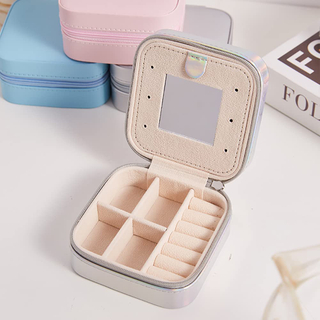 Custom Logo Leather Carrying Holder Zipper Mirror Portable Jewellery Storage Box Travel Fabrics Velvet Jewelry Organizer Case